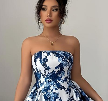 Womens Strapless Printed Casual A Line Dress - Image 5