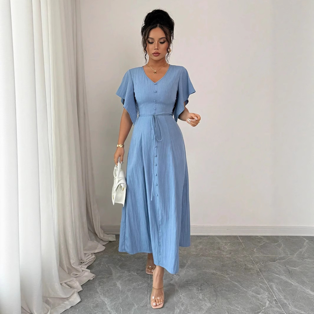 Elegant French-inspired High-end Blue V-neck Belted Maxi Dress - Image 4