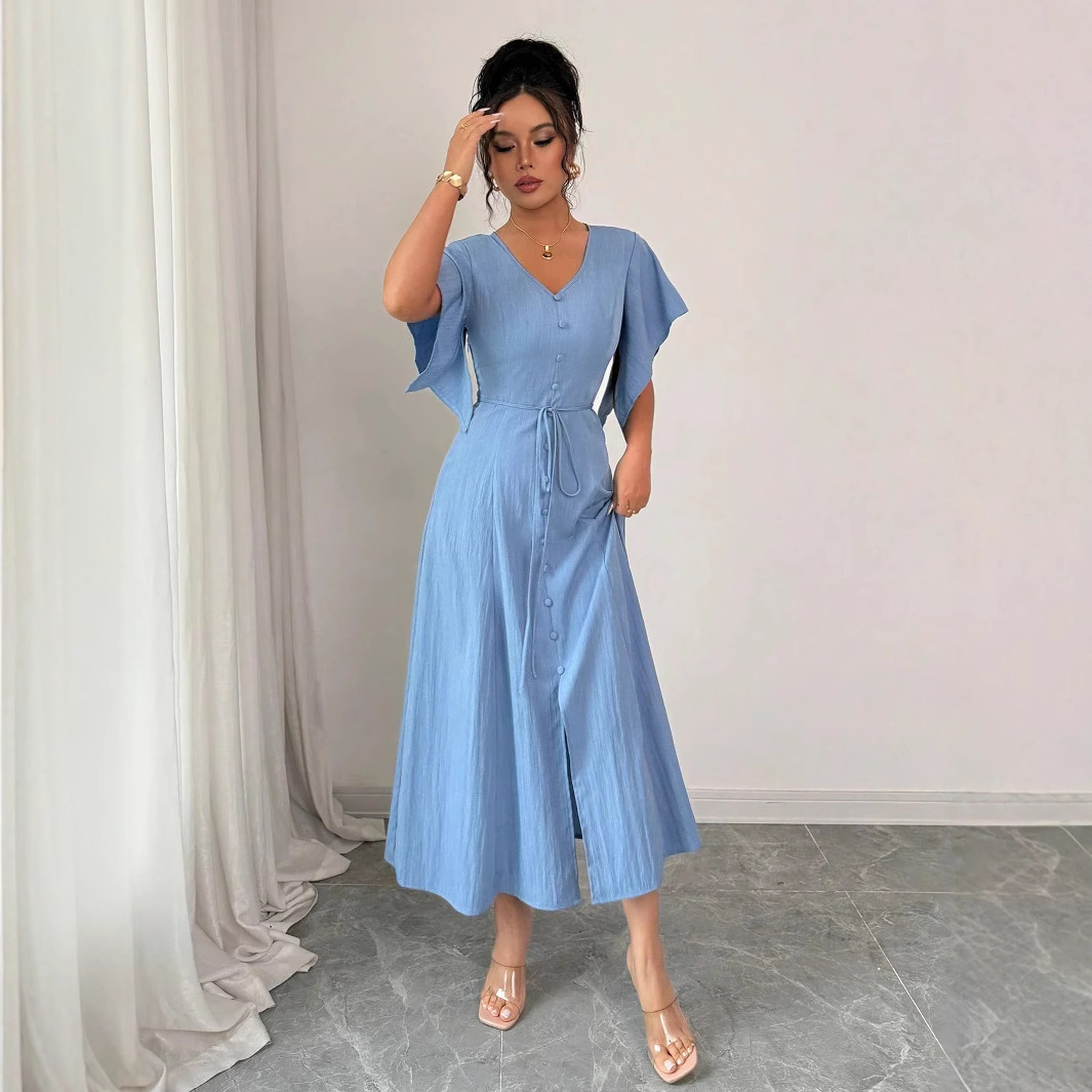 Elegant French-inspired High-end Blue V-neck Belted Maxi Dress - Image 5