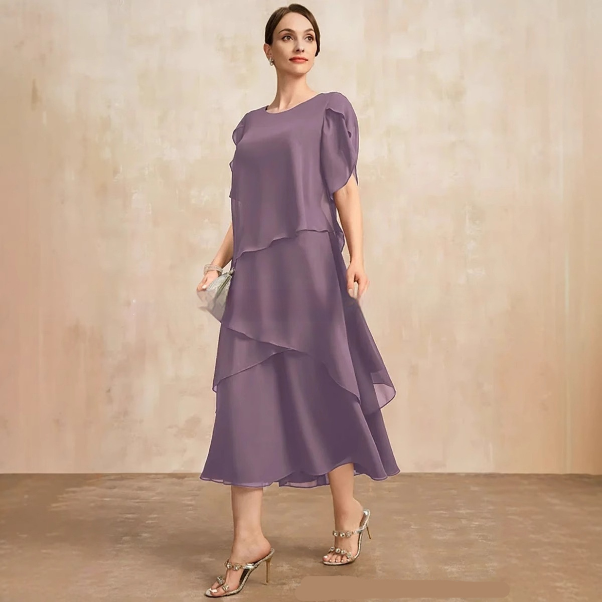 Womens Chiffon Loose Belly-Covering Layered Ruffle-Trim Dress - Image 2