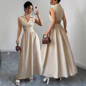 New French-style Dress With A V-neck A-line Silhouette And Sleeveless Design