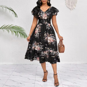 Spring Summer Ruffled-Edge Short-Sleeve Printed Dress With Elastic Waist