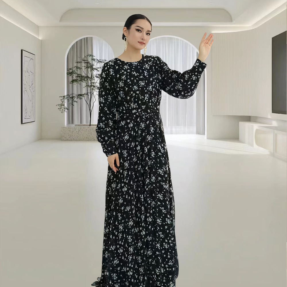 Crew-neck Floral-print Midi Dress With A Matching Belt For A Slimming Fit - Image 6