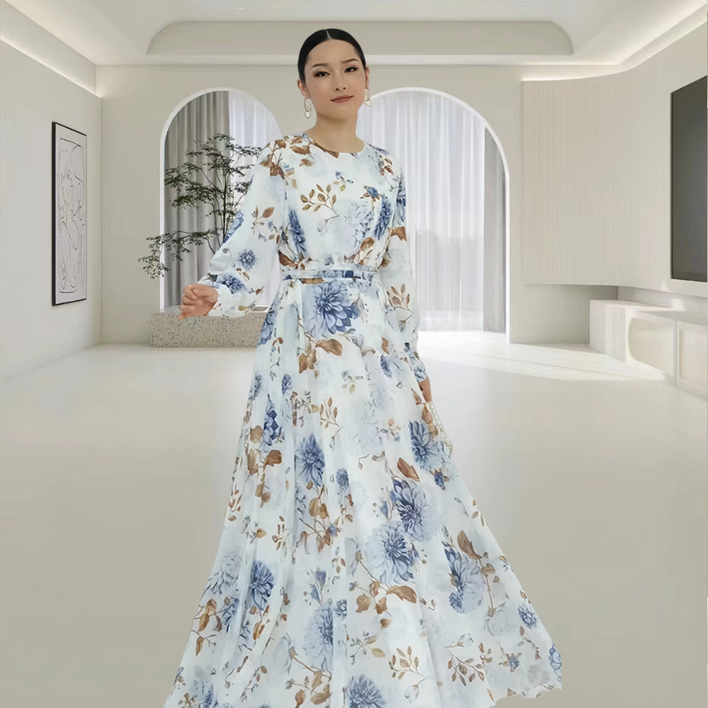 Crew-neck Floral-print Midi Dress With A Matching Belt For A Slimming Fit - Image 7