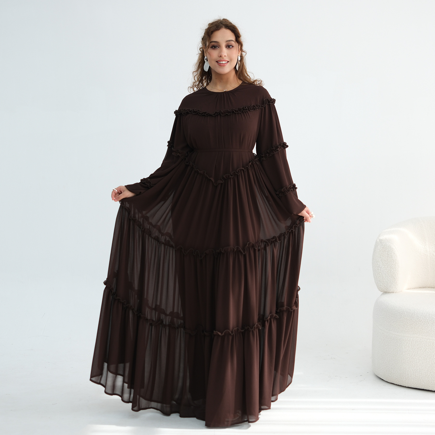 Middle Eastern Lace-trimmed Tiered Cake Skirt Dress - Image 3