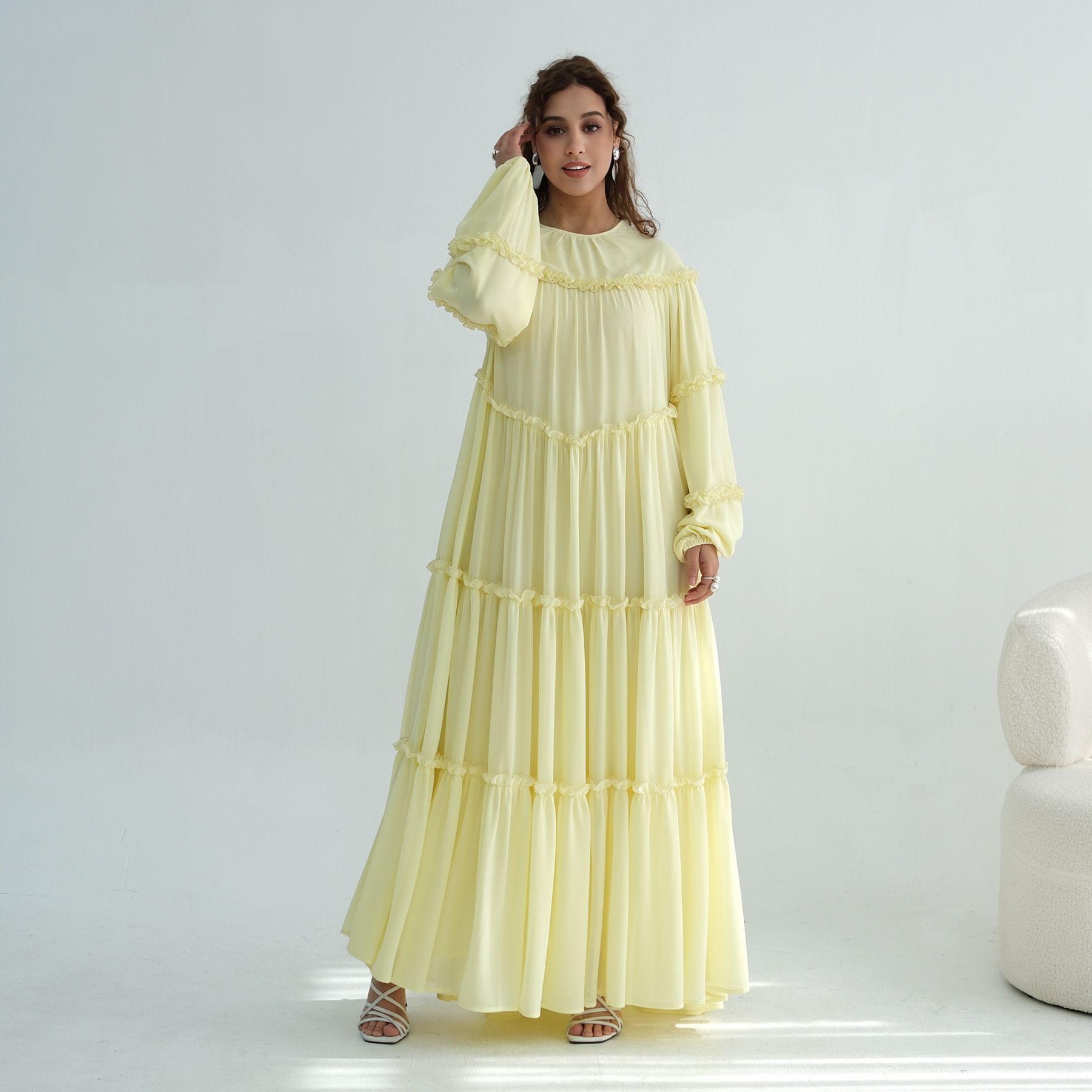 Middle Eastern Lace-trimmed Tiered Cake Skirt Dress - Image 4