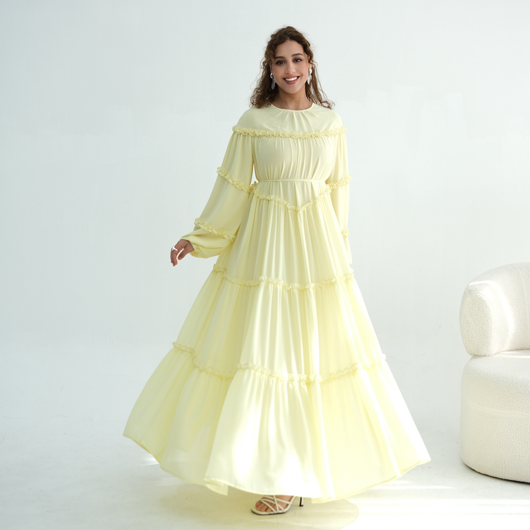 Middle Eastern Lace-trimmed Tiered Cake Skirt Dress - Image 7