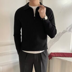 Turn-down Collar Knitted Polo Sweater With Thermal Ribbed Design
