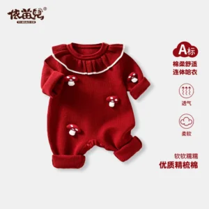 Baby one-piece women's treasure foreign knitted sweater 100 days old, red Chinese New Year princess dress, ha clothes, outing clothes